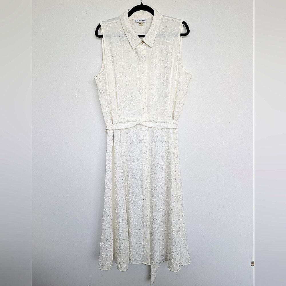 NWOT Calvin Klein Jacquard Floral White Sleeveless Polo Button Front Dress Sz 16